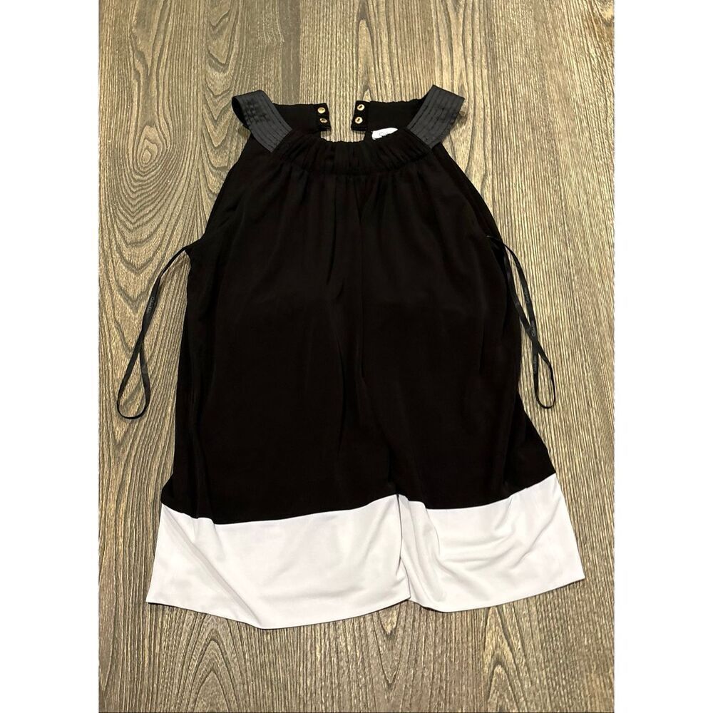 Calvin Klein Halter Neck Shift Dress Faux Leather Collar Black White Size M